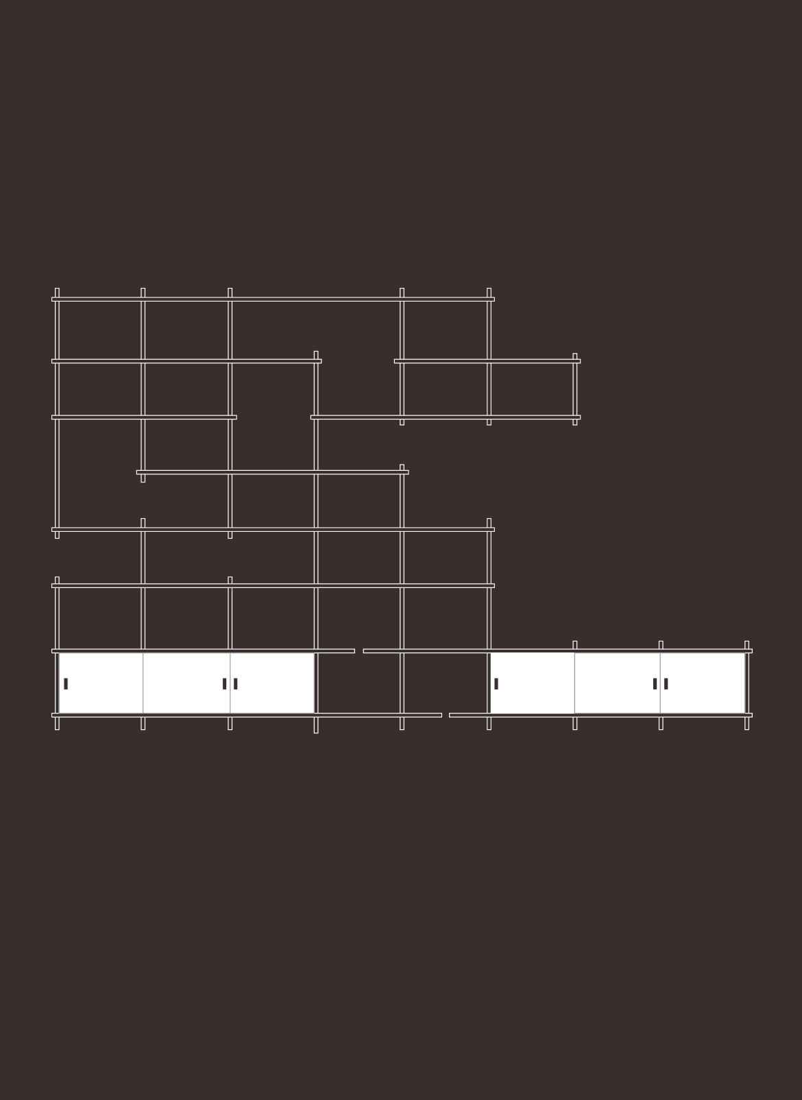 Minimalist shelving unit with two white cabinets on a dark brown background.
