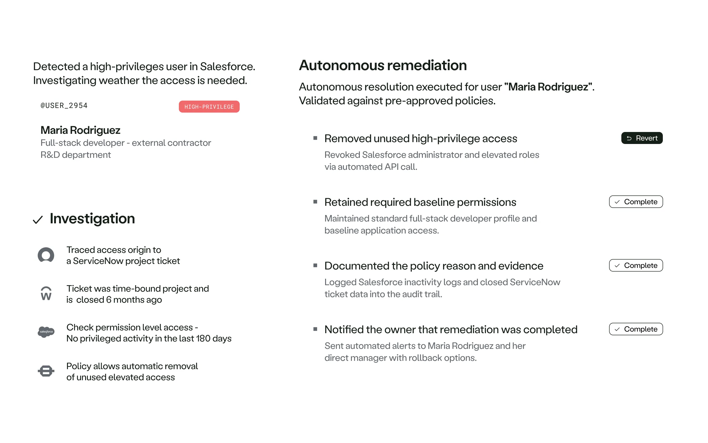 Interface showing investigation of high-privilege Salesforce user Maria Rodriguez and autonomous remediation steps completed.