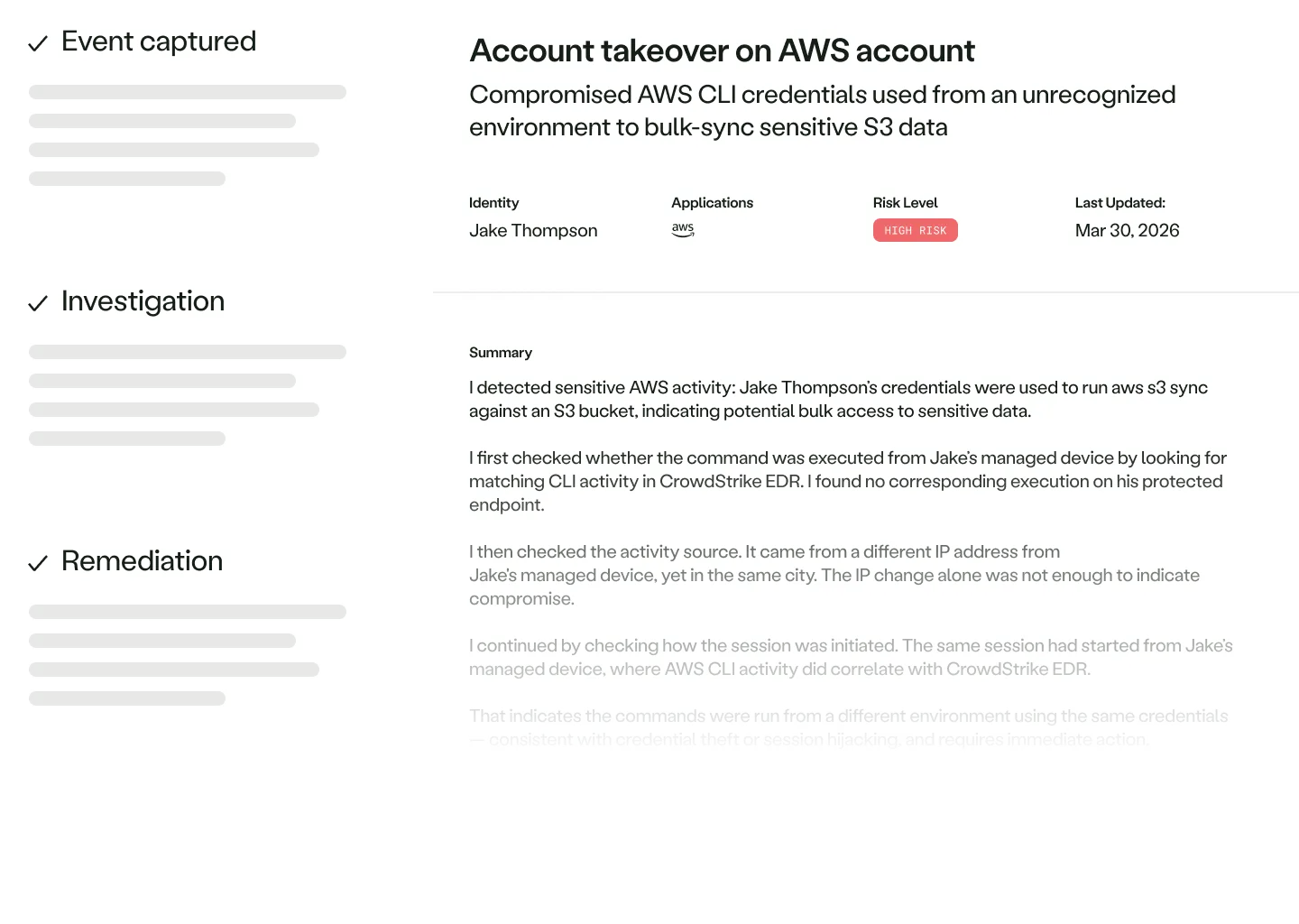 AWS account takeover alert for Jake Thompson using compromised CLI credentials to sync sensitive S3 data, high risk.