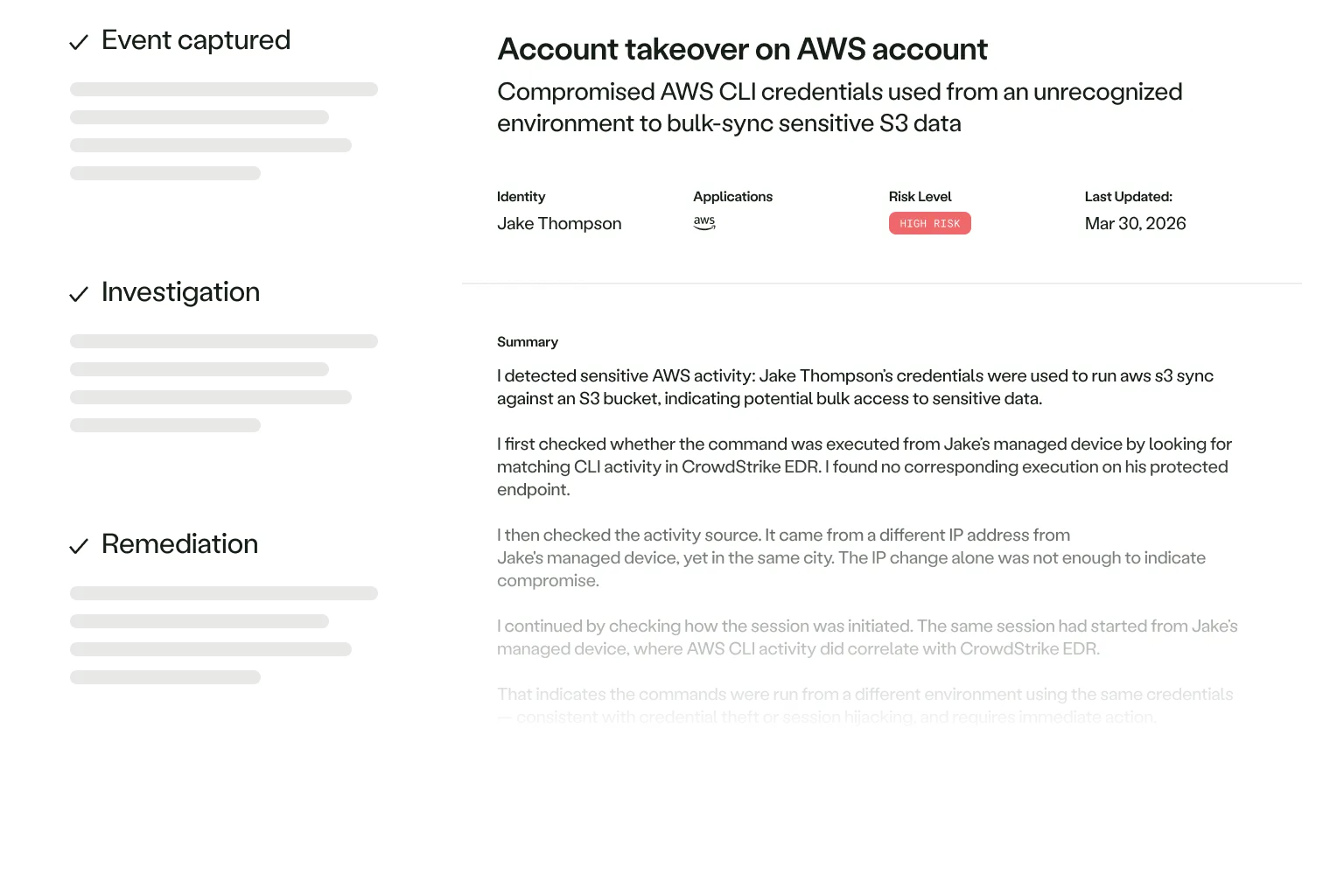 AWS account takeover alert for Jake Thompson using compromised CLI credentials to sync sensitive S3 data, high risk.