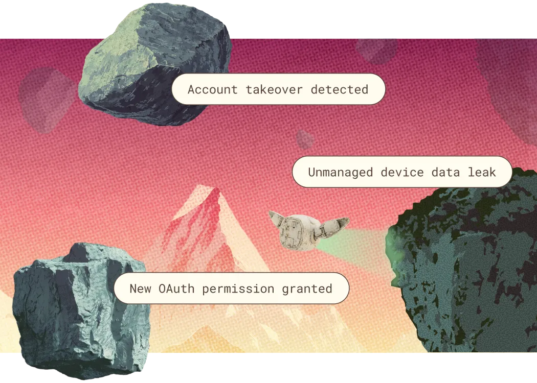 Robotic drone flying between floating rocks over mountains with security alert messages.