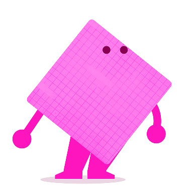 Pink cartoon character with a square grid-patterned head, two round eyes, simple arms, and legs standing on a shadow.