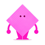 Pink cartoon character with a diamond-shaped head and body, small round eyes, pink arms ending in circles, and triangular feet.