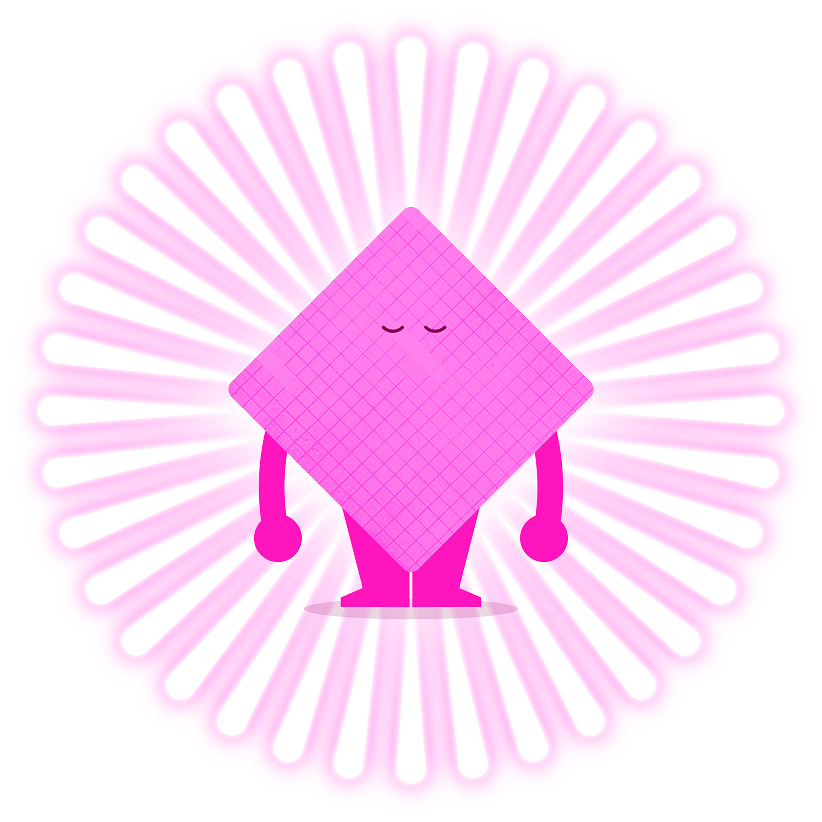 Cartoon character with a pink diamond-shaped body covered in grid lines, closed eyes, and pink limbs standing in front of a glowing pink and white radial patterned background.