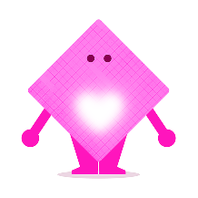Pink diamond-shaped character with glowing white heart at center, standing with arms and legs.