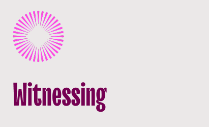 Purple radial starburst with the word 'Witnessing' in bold dark purple text below it on a light gray background.