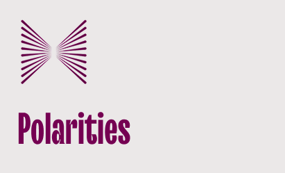 Abstract symmetrical design of purple elongated triangles arranged to form two opposing arrow shapes, above the word 'Polarities' in bold purple text on a light beige background.