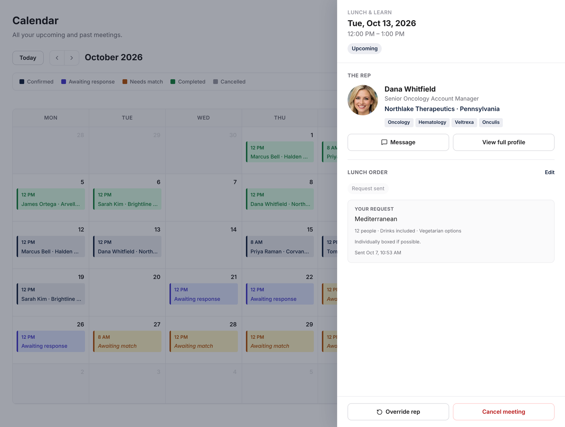 A practice's Med Sales Hub calendar with matched rep meetings