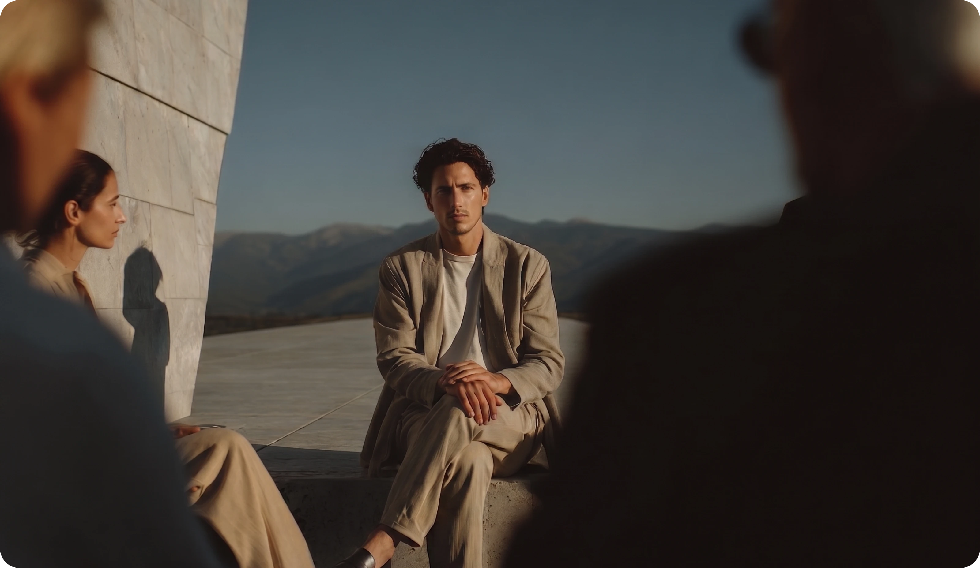 Man in beige suit sitting cross-legged outdoors between two blurred people with mountains in background.