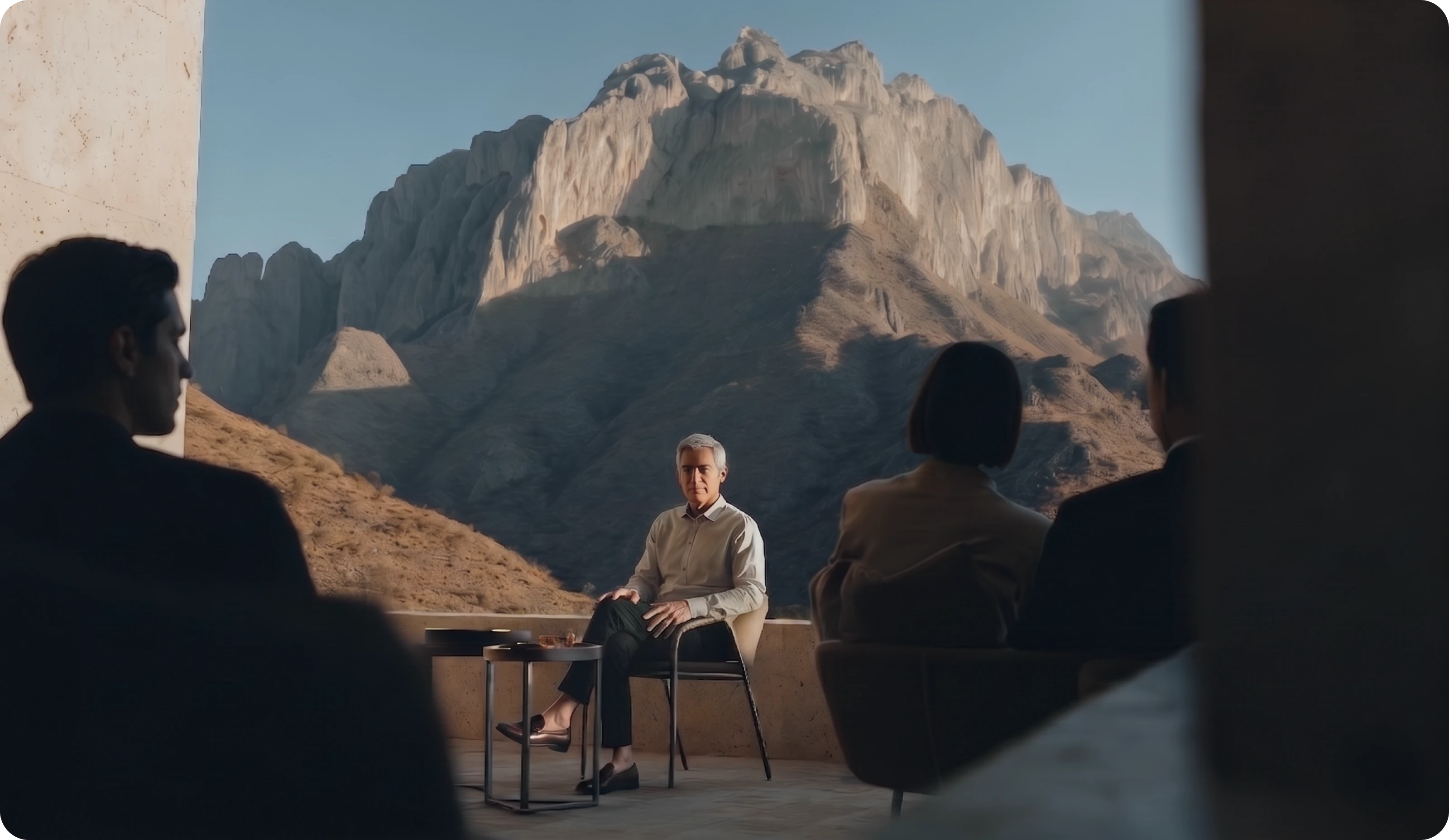Man in light shirt sitting on chair outside with mountain view, three silhouettes in foreground.