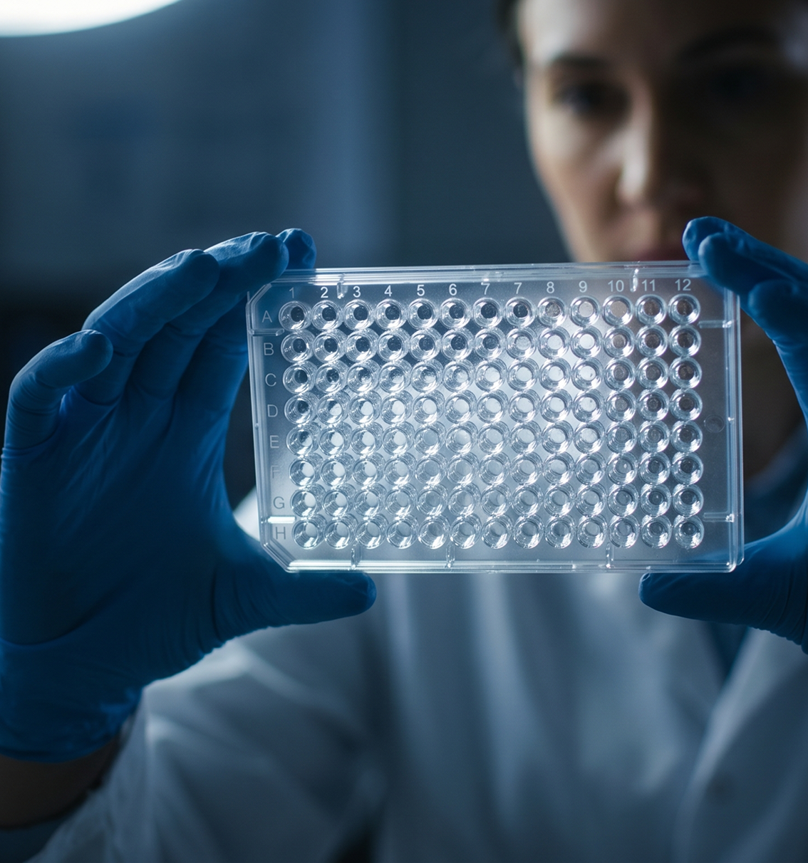 Scientist in gloves holding a clear 96-well microplate under bright light.