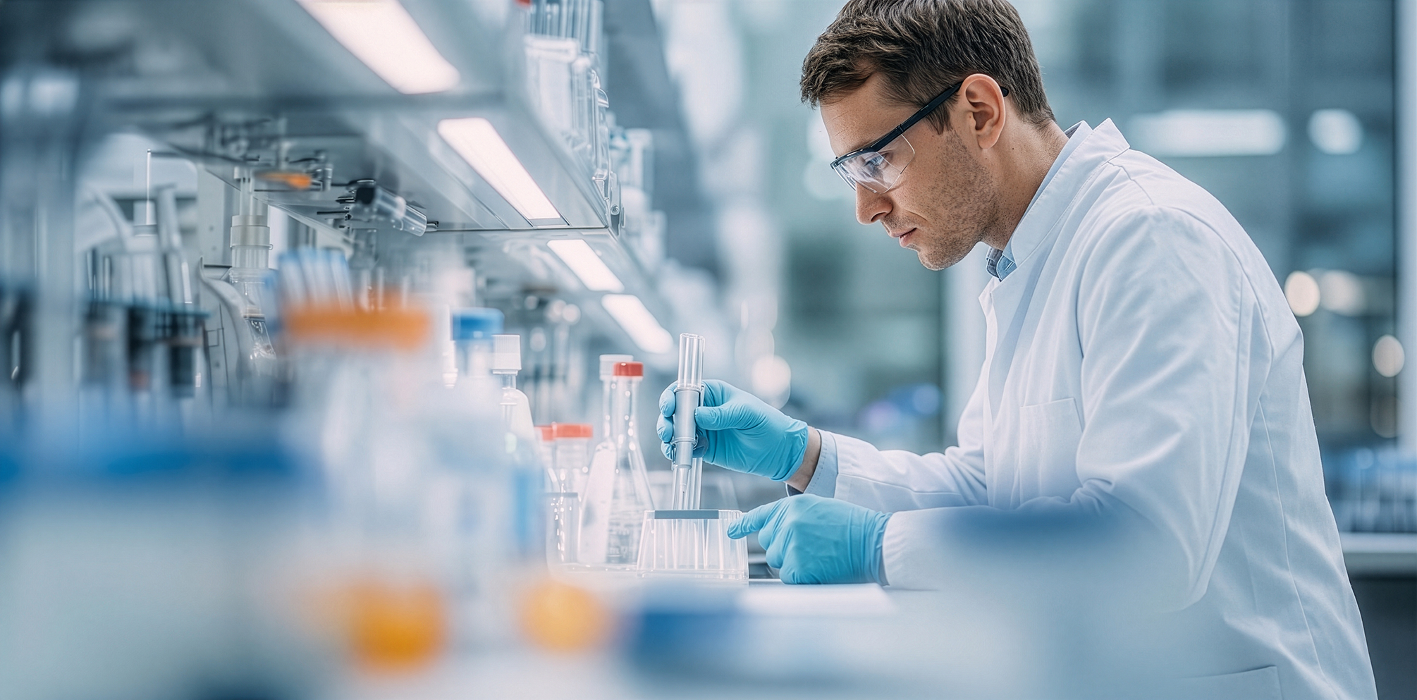 Scientist in lab coat and goggles using a pipette with test tubes in a laboratory setting.
