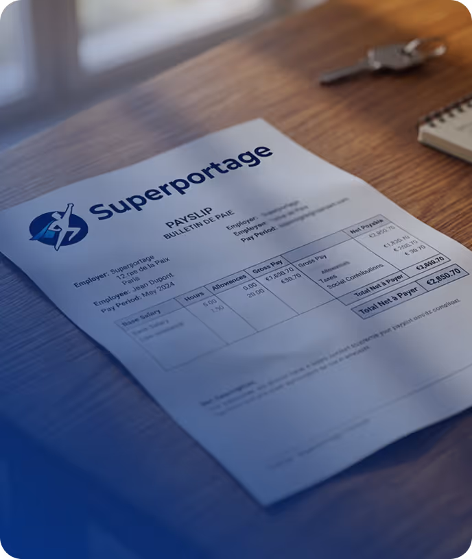 Superportage payslip document on a desk – 100% portage salarial payroll management service
