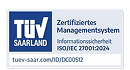 Logo TÜV Saarland Zertifiziertes Managementsystem für Informationssicherheit ISO/IEC 27001:2024