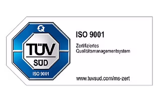 TÜV SÜD ISO 9001 zertifiziertes Qualitätsmanagementsystem mit URL www.tuvsud.com/ms-zert