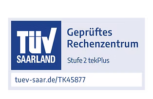 TÜV Saarland Geprüftes Rechenzentrum Stufe 2 tekPlus Zertifikat mit URL tuev-saar.de/TK45877