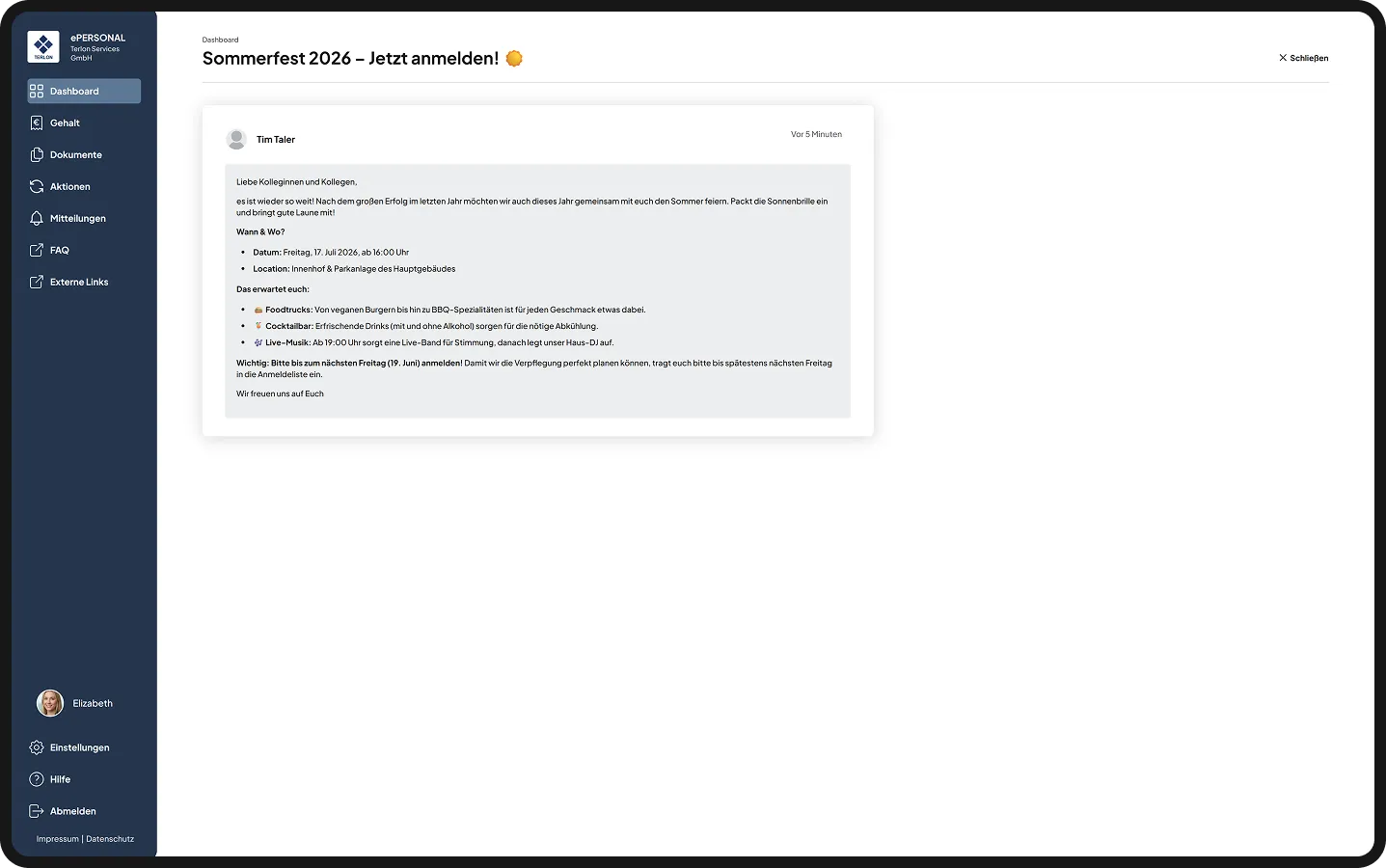 Dashboard mit Einladung zur Sommerfest 2026, Details zu Datum, Ort, Foodtrucks, Cocktailbar und Live-Musik.