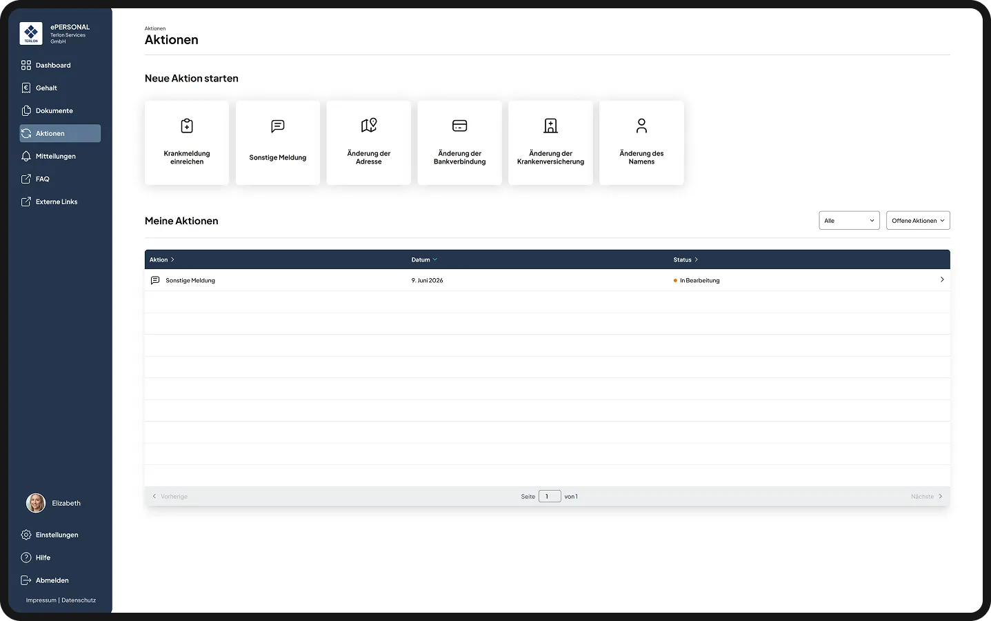 Benutzer-Dashboard mit Optionen für Krankmeldung, Adress- oder Bankdatenänderung, Liste offener Aktionen.