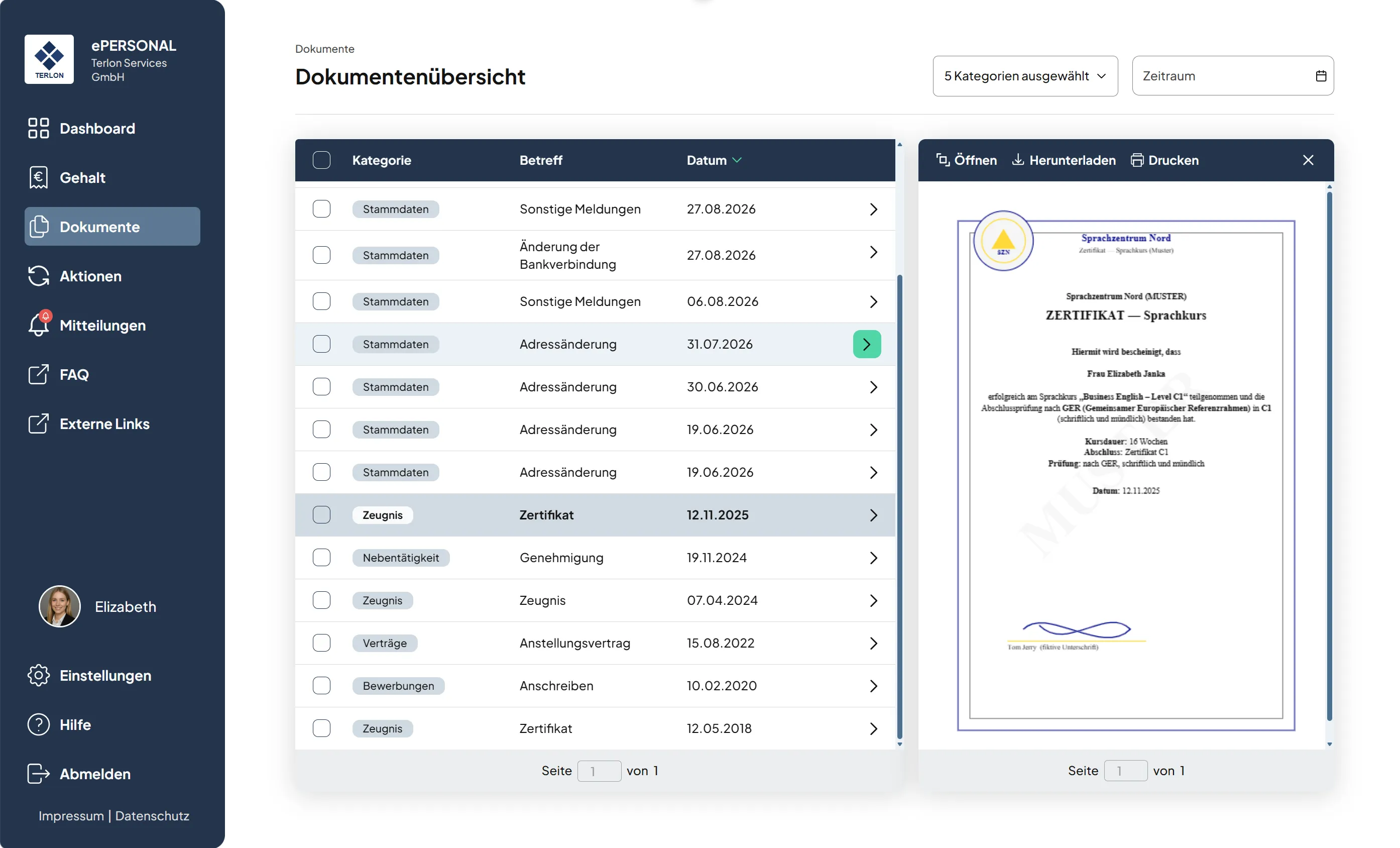 Screenshot einer Dokumentenübersicht der ePERSONAL Software von Terlon Services GmbH mit einer Liste von Dokumenten nach Kategorien, Betreff und Datum; das ausgewählte Dokument ist ein Sprachkurszertifikat für Frau Elizabeth Janka mit bestandener Prüfung auf Level C1, ausgestellt vom Sprachzentrum Nord.