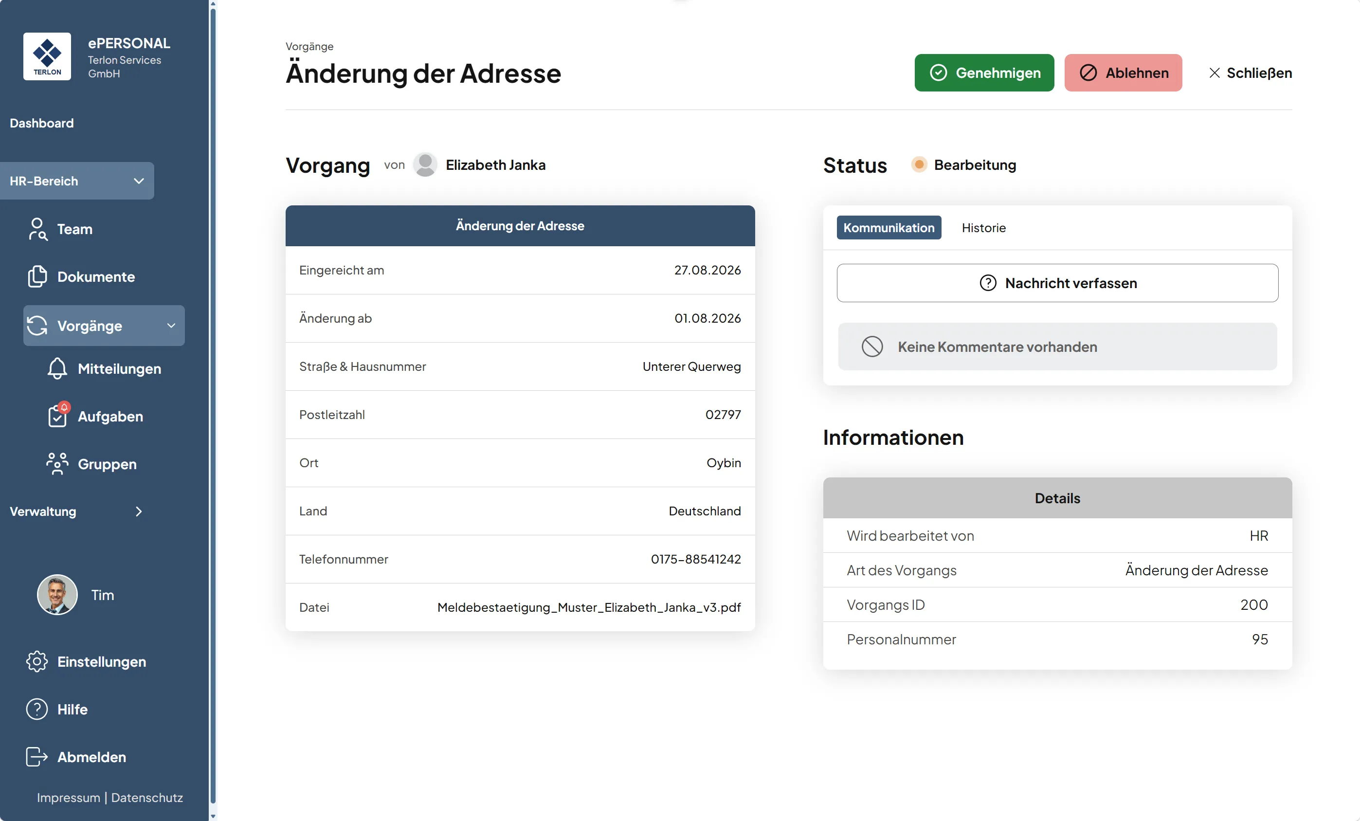 ePERSONAL: Mitteilung hinzufügen mit Editor, Empfängerauswahl und Dokumenten-Upload