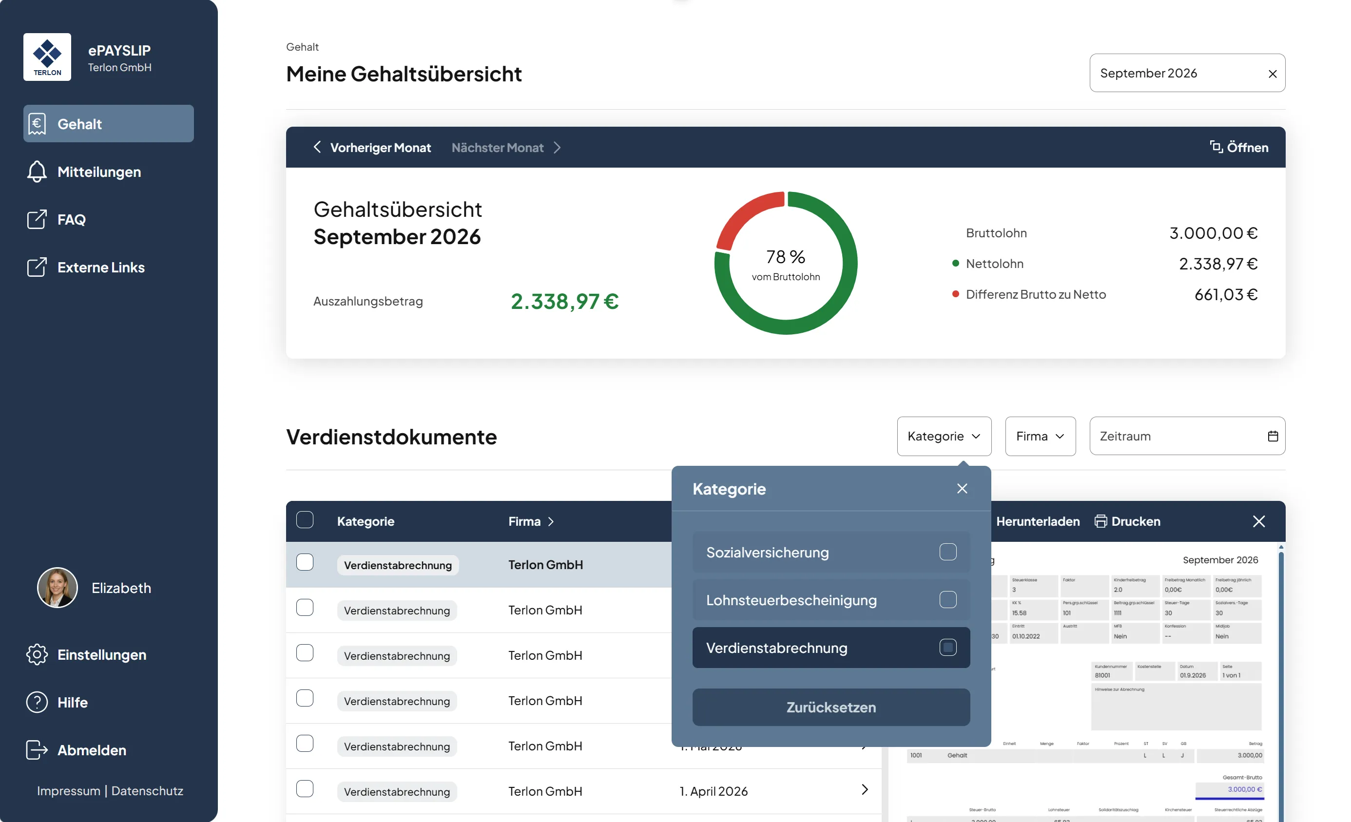Gehaltsübersicht im Mitarbeiterportal mit Netto-Betrag und Verdienstdokumenten