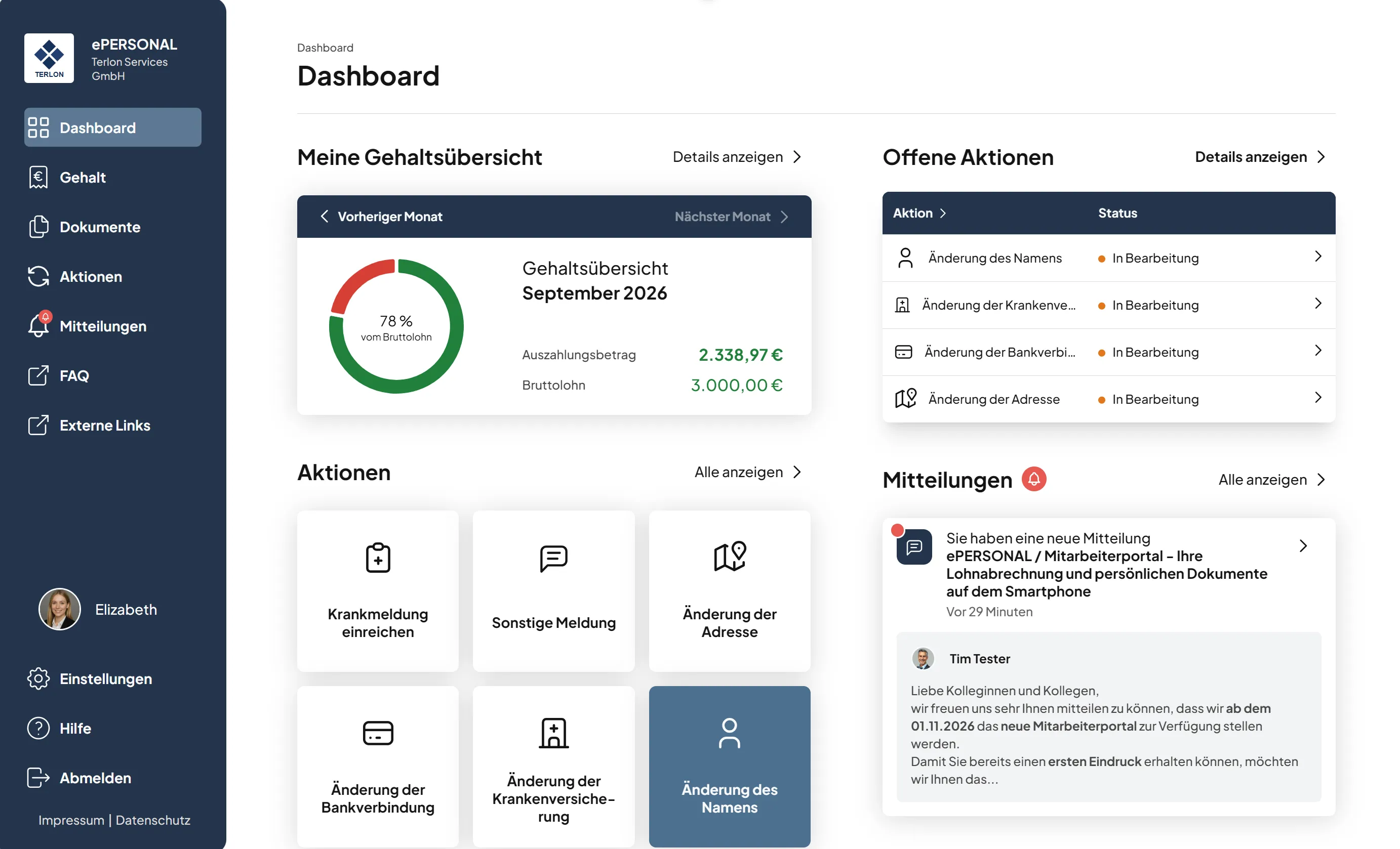 Dashboard der Mitarbeiter-Self-Service-Plattform ePERSONAL mit Gehaltsübersicht für September 2026, die einen Auszahlungsbetrag von 2.338,97 Euro und einen Bruttolohn von 3.000 Euro zeigt, sowie offenen Aktionen wie Namensänderung, Krankenversicherung, Bankverbindung und Adressänderung, alle im Status 'In Bearbeitung'. Der Bereich Aktionen bietet Optionen zum Einreichen von Krankmeldungen, sonstigen Meldungen, Adressänderungen, Bankverbindungs- und Krankenversicherungsänderungen sowie Namensänderungen. Im Mitteilungsbereich gibt es eine neue Nachricht zum Mitarbeiterportal ab November 2026 von Tim Tester.