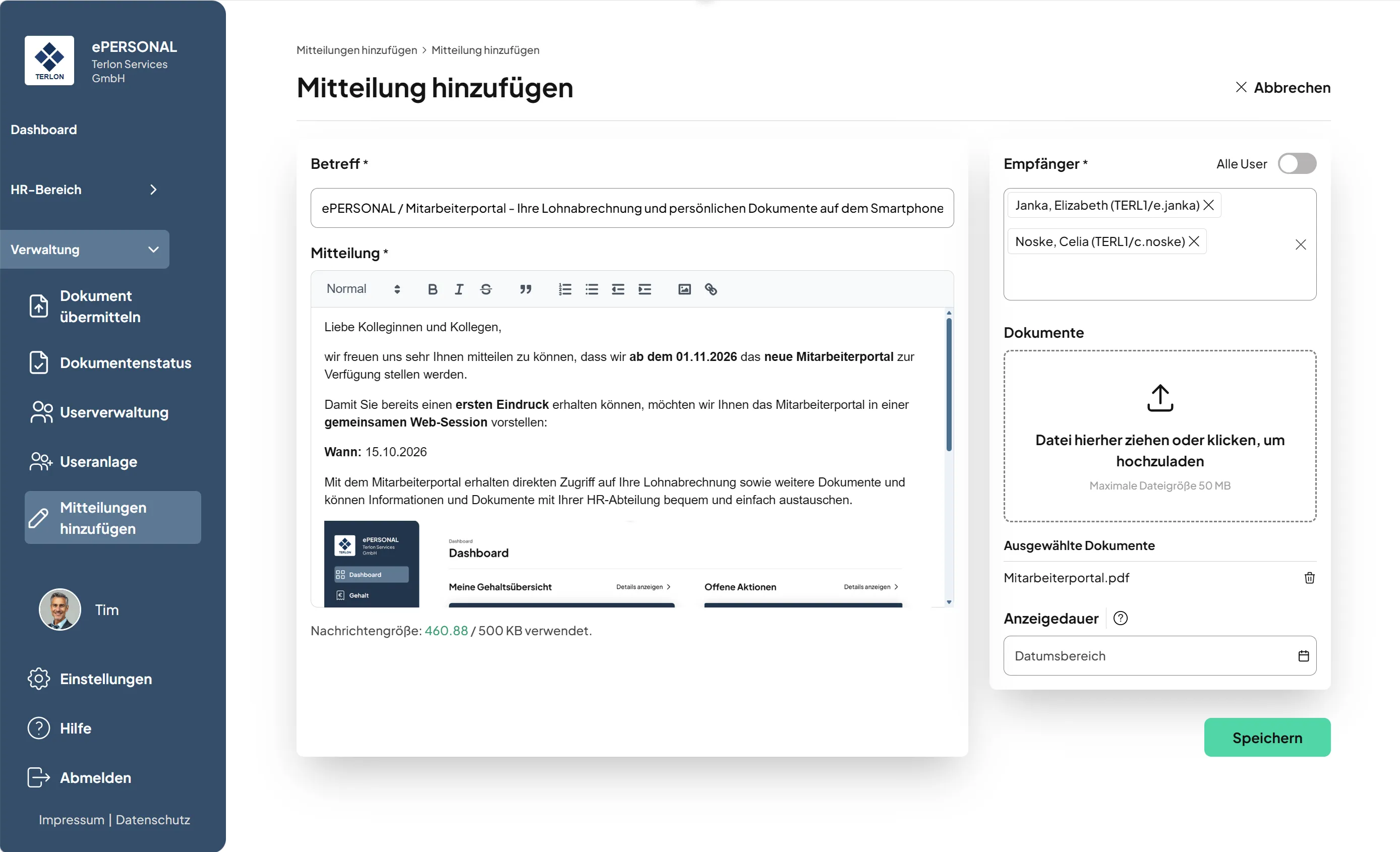 ePERSONAL: Mitteilung hinzufügen mit Editor, Empfängerauswahl und Dokumenten-Upload