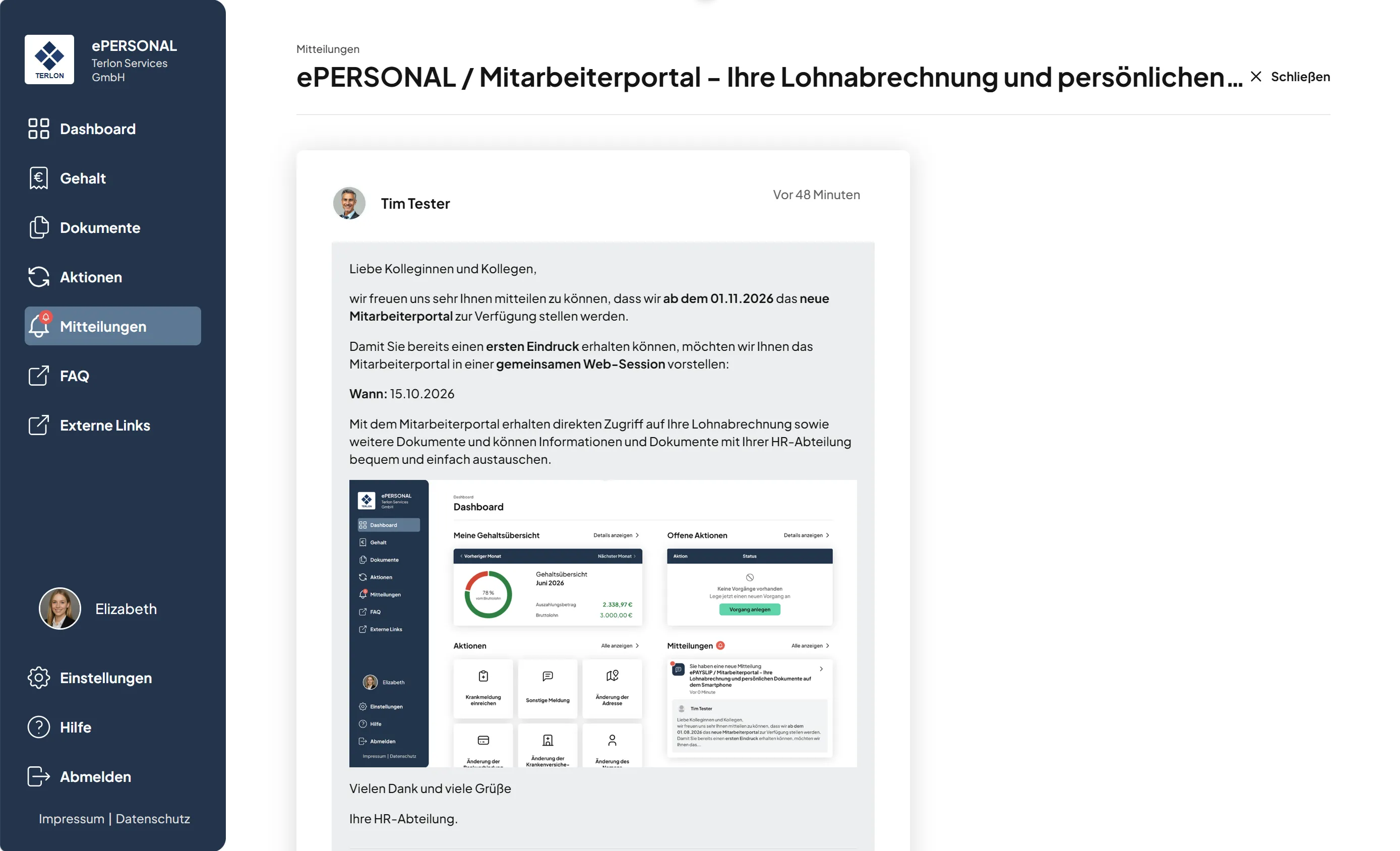 Screenshot der ePERSONAL Mitarbeiterportal-Oberfläche mit einer Nachricht von Tim Tester über das neue Mitarbeiterportal, das ab dem 01.11.2026 verfügbar ist, und einer Einladung zu einer Web-Session am 15.10.2026. Die linke Navigationsleiste zeigt Menüpunkte wie Dashboard, Gehalt, Dokumente, Aktionen, Mitteilungen, FAQ, Externe Links, Einstellungen, Hilfe und Abmelden. Das Dashboard enthält Gehaltsübersicht, offene Aktionen und verschiedene Optionskacheln. Oben rechts steht die Option "Schließen".
