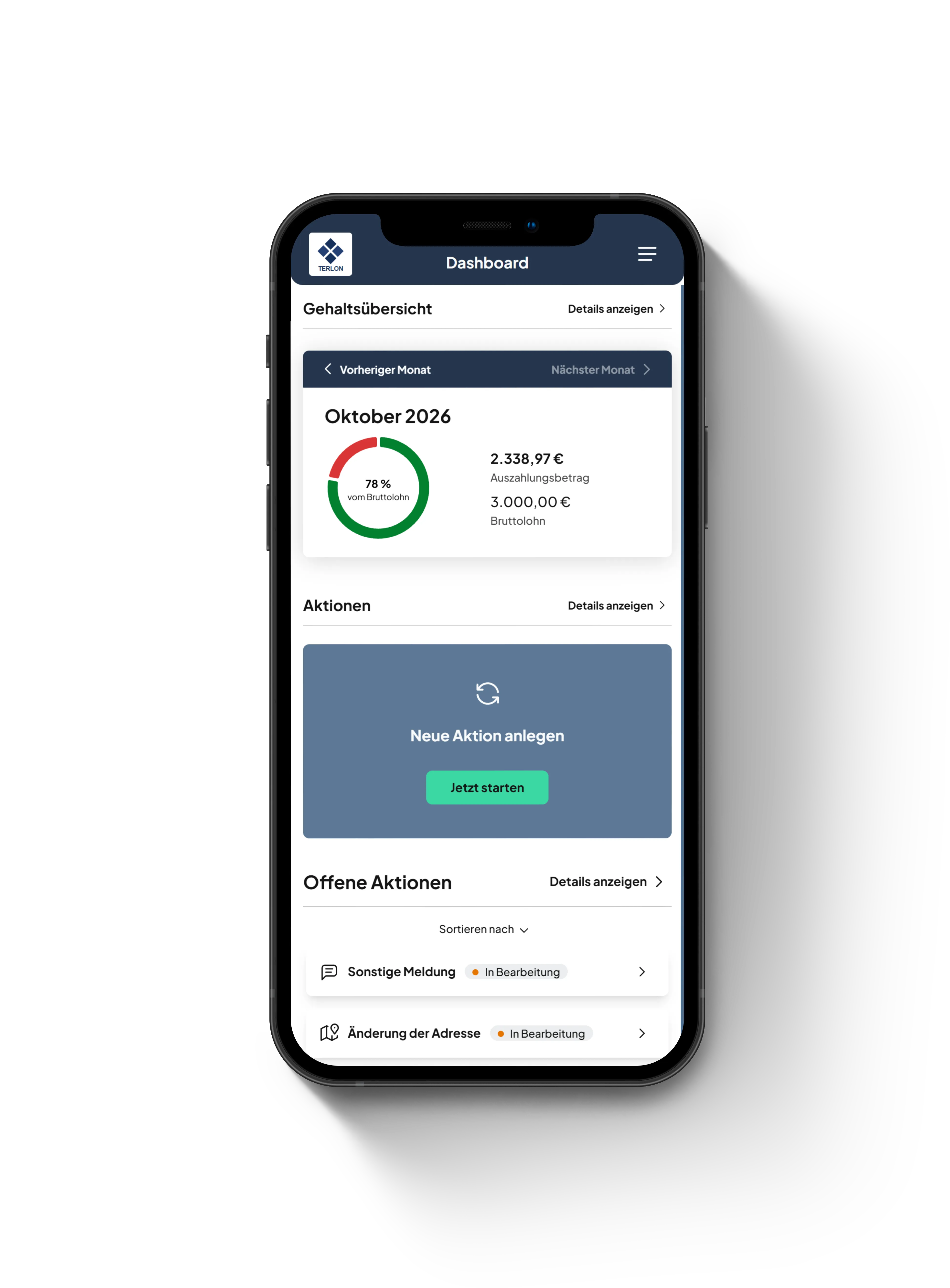 Mobilgerät zeigt Dashboard einer Gehaltsübersicht-App mit Oktober 2026, Auszahlung von 2.338,97 Euro und Bruttolohn von 3.000 Euro, Anteil 78 Prozent, Optionen zur Anlage neuer Aktionen und Liste offener Aktionen wie Sonstige Meldung und Adressänderung, beide in Bearbeitung.