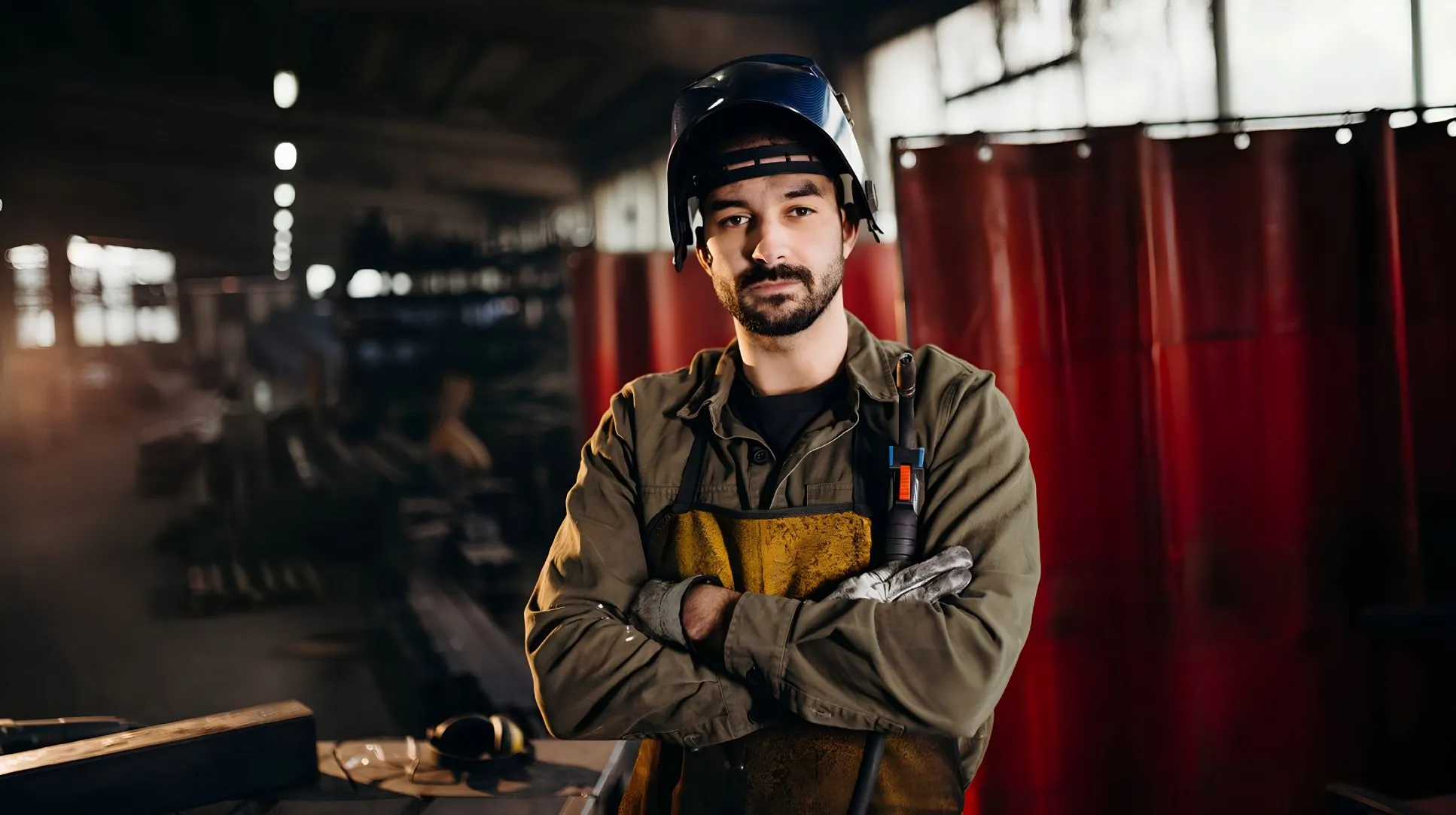 Male welder wearing protective gear and gloves stands with arms crossed in a workshop.