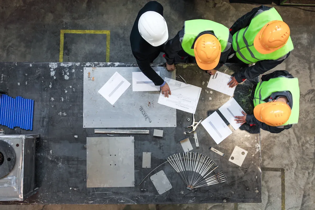 Four construction workers in helmets and vests discussing blueprints on a workbench with metal tools.