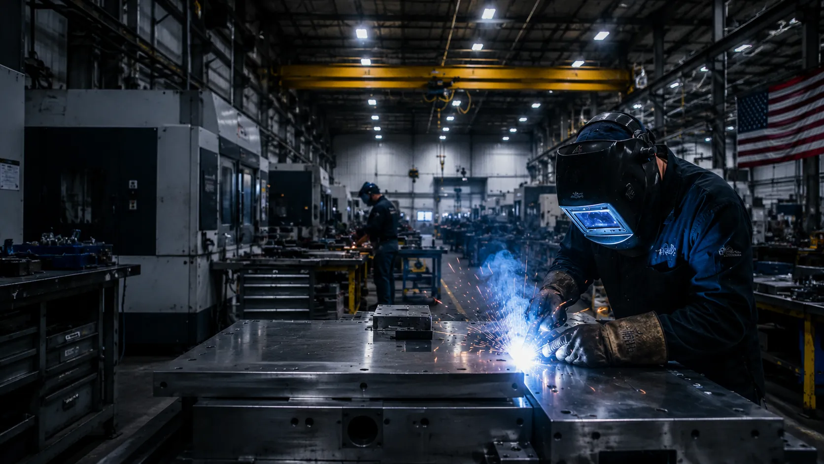 Worker welding metal on a large table inside a spacious, industrial factory with machinery.