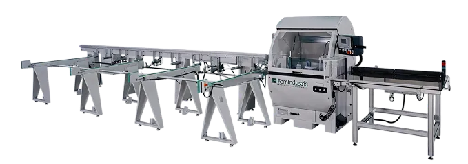 Industrial saw machine with conveyor belts and support stands for cutting and processing materials.