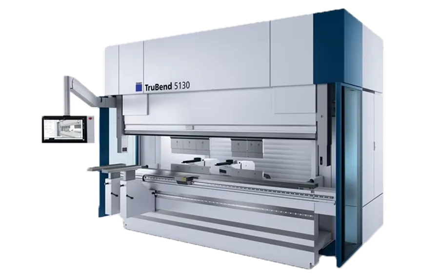 Large industrial TruBend 5130 metal bending machine with attached control screen.