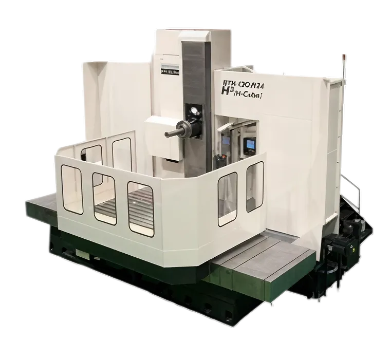 Large industrial CNC machine with protective enclosure and control panels.