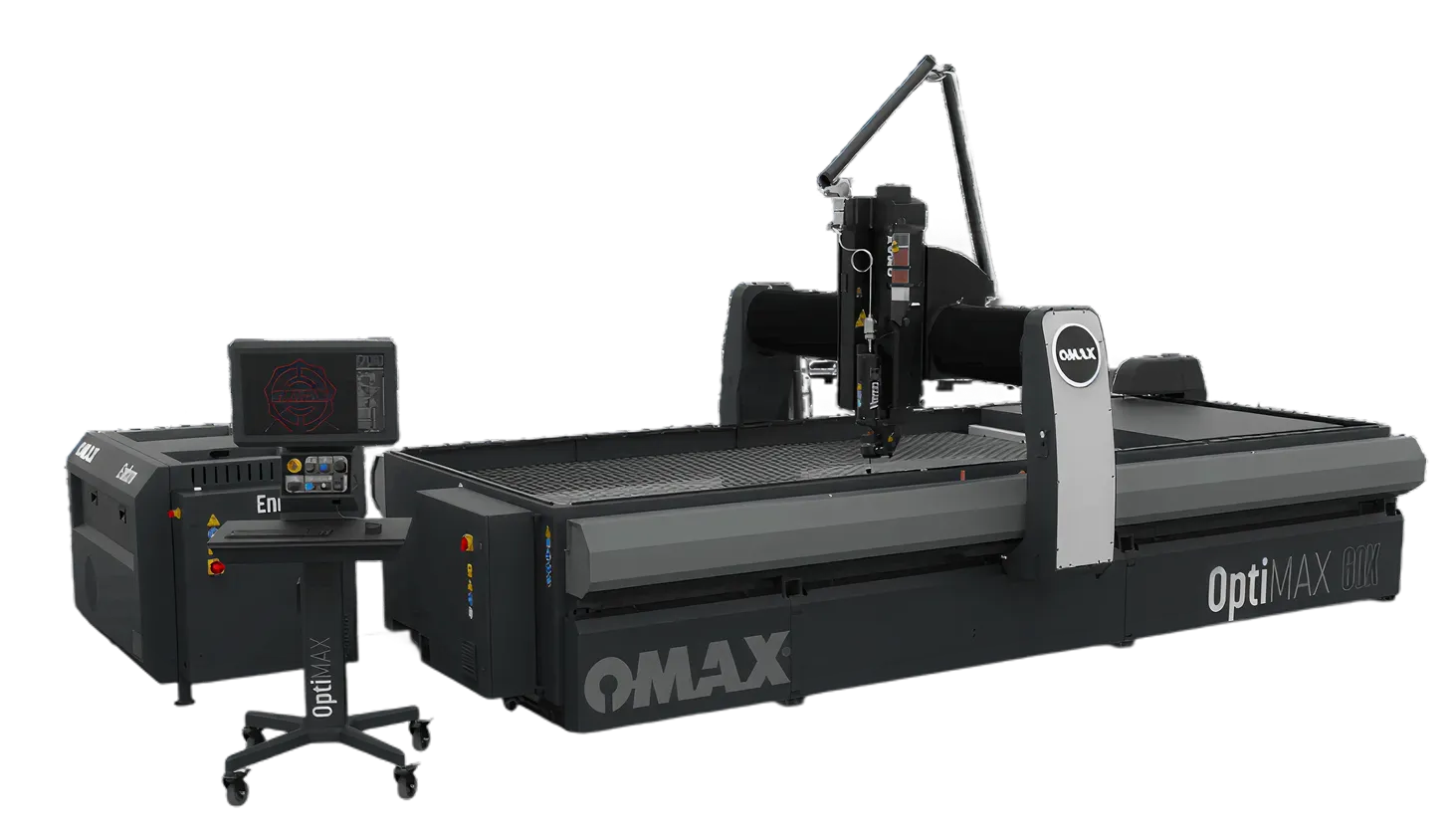 OMAX OptiMAX 80X waterjet cutting machine with control panel and monitor on a stand.