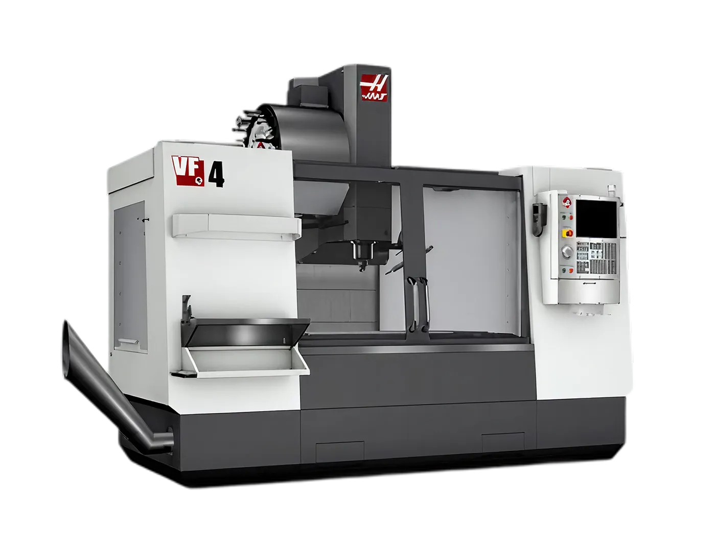 Haas VF-4 CNC vertical machining center with control panel and tool changer.
