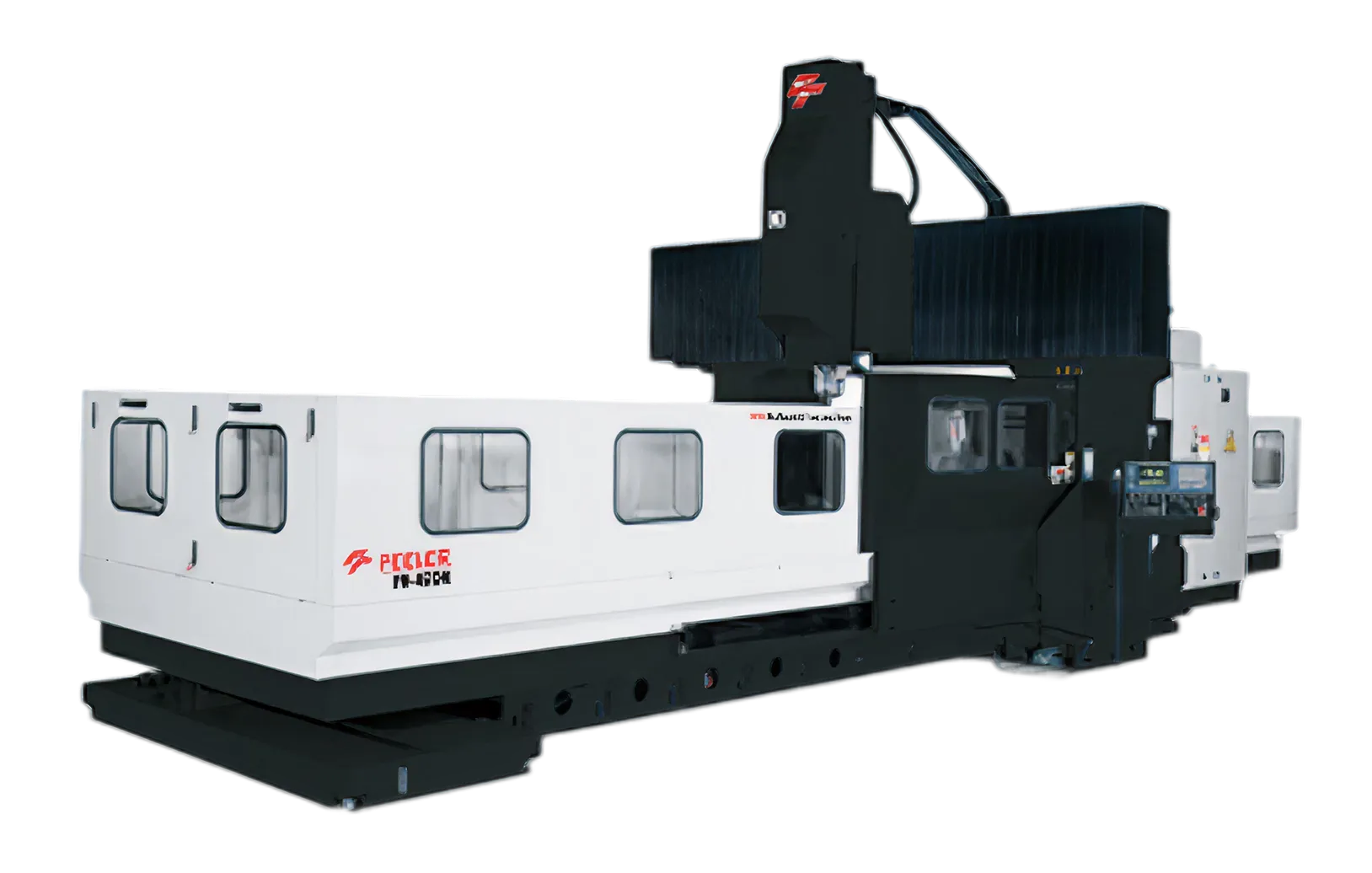 Large industrial CNC milling machine in white and black with enclosed cabin and control panel.