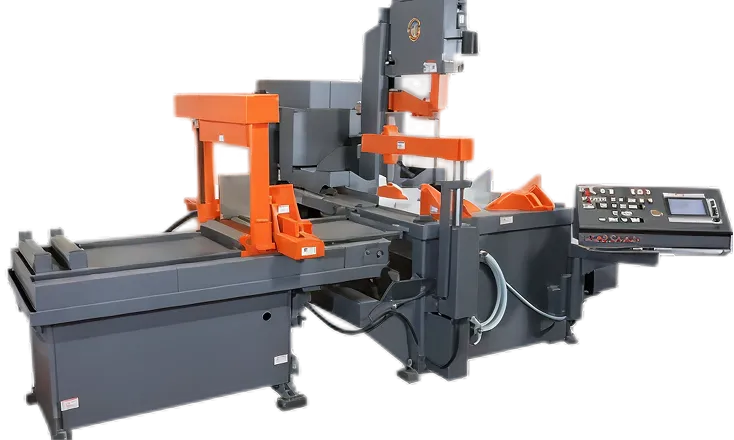 Industrial metal cutting bandsaw machine with gray body, orange clamps, and control panel on the side.