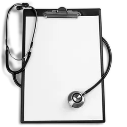 Blank clipboard with a stethoscope placed around its edges on a black background.