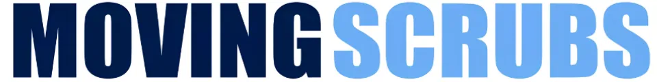 Logo with text Moving Scrubs, Moving in dark blue and Scrubs in light blue inside a rectangle.