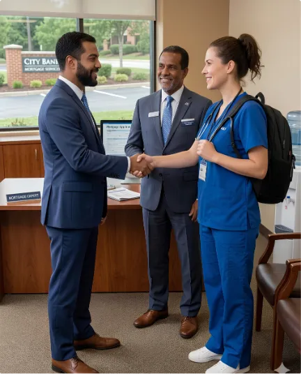 Businessman shaking hands with female healthcare worker while a man in a suit smiles watching.