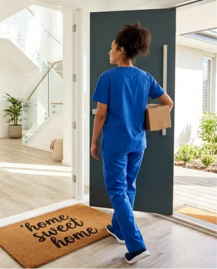 Woman in blue scrubs holding a package entering a home with a 'home sweet home' doormat.