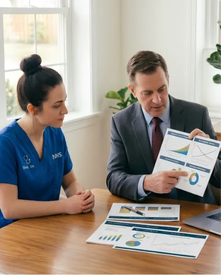 Man in suit showing a statistical chart to a female NHS nurse seated at a table with papers.