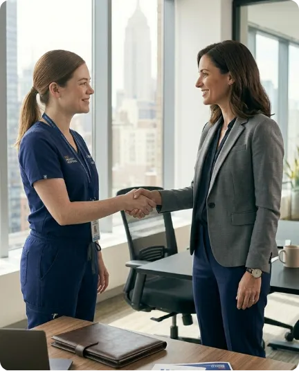 A medical professional and a businesswoman shaking hands in a modern office with city view.