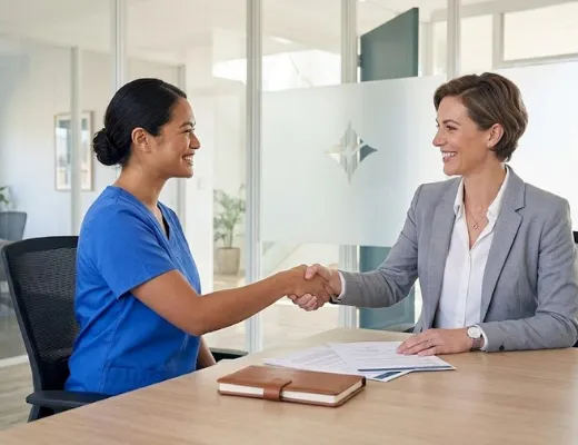 A nurse and a businesswoman smiling and shaking hands across a desk in a modern office.