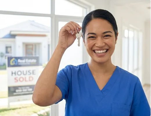 Smiling woman in blue scrubs holding a key inside a house with a sold sign visible outside.