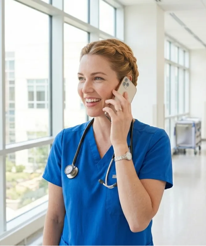 Smiling nurse in blue scrubs talking on a smartphone in a bright hospital corridor.