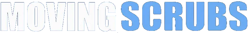 Text logo reading MOVING SCRUBS in large white and blue letters on a dark background.