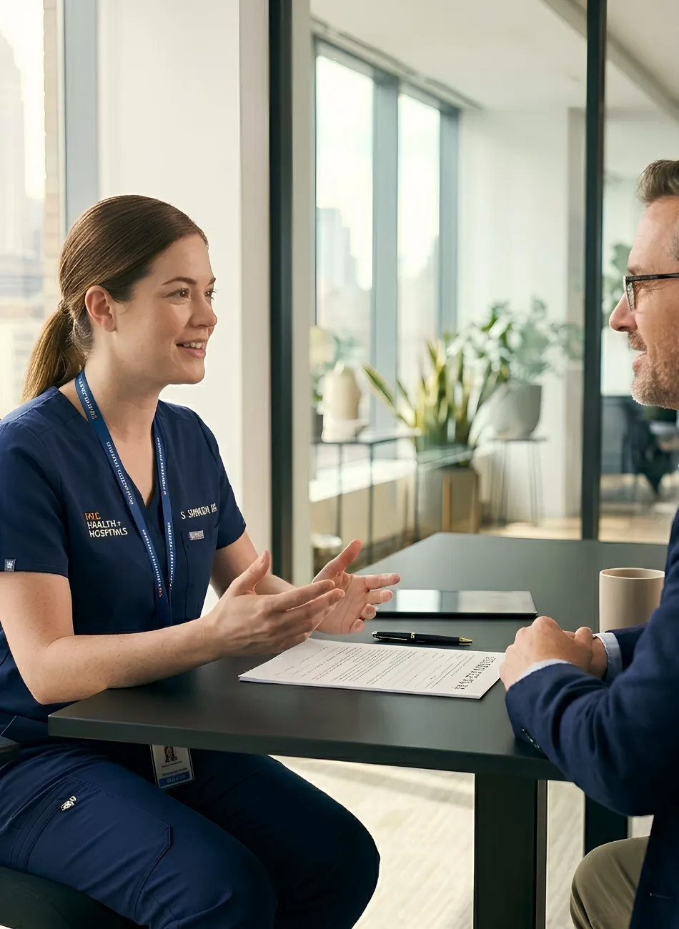 Female healthcare professional in blue scrubs talking with a man across a table in an office.